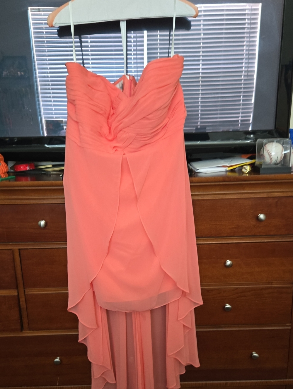 David's Bridal Coral Strapless High-Low Chiffon Dress